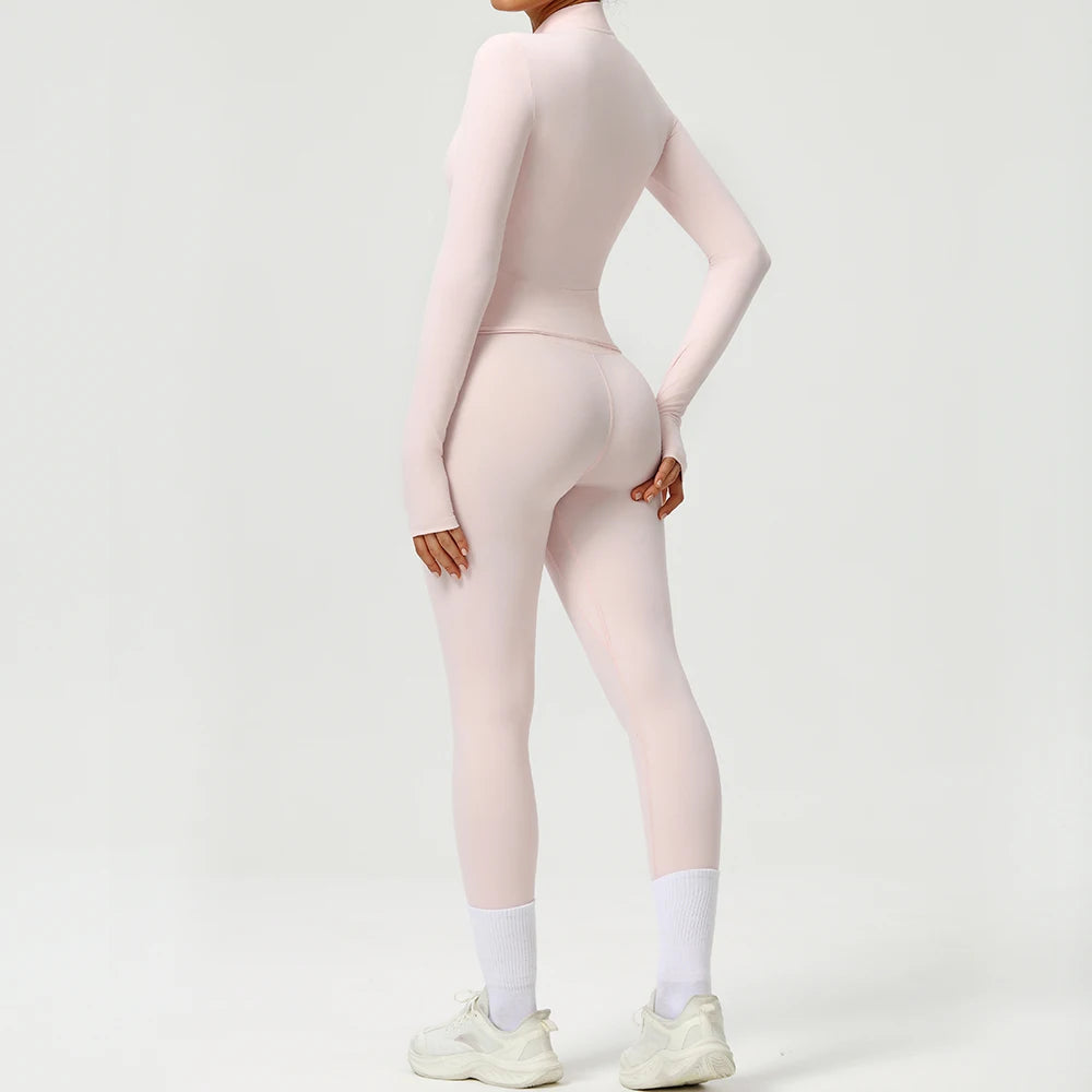 Women 2PCS Yoga Set Workout Sets Sportswear Gym Clothing Fitness Zipper Long Sleeve High Waist Leggings Sports Suits Yoga Suit