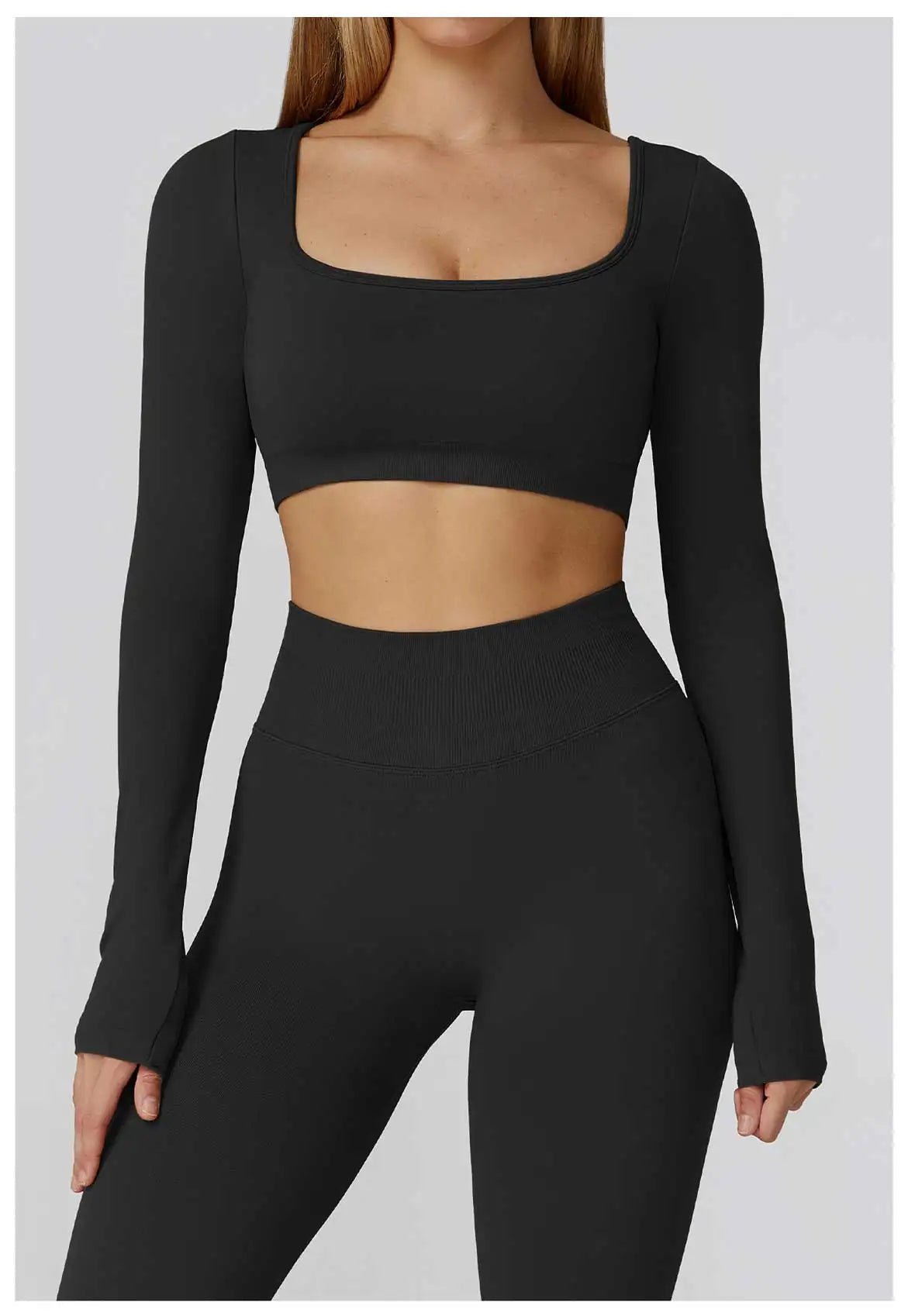 Seamless Casual Quick Dry Sportswear Women Square Neck Gym Top Women Fitness Sports Crop Top Female Long Sleeve Yoga Clothing