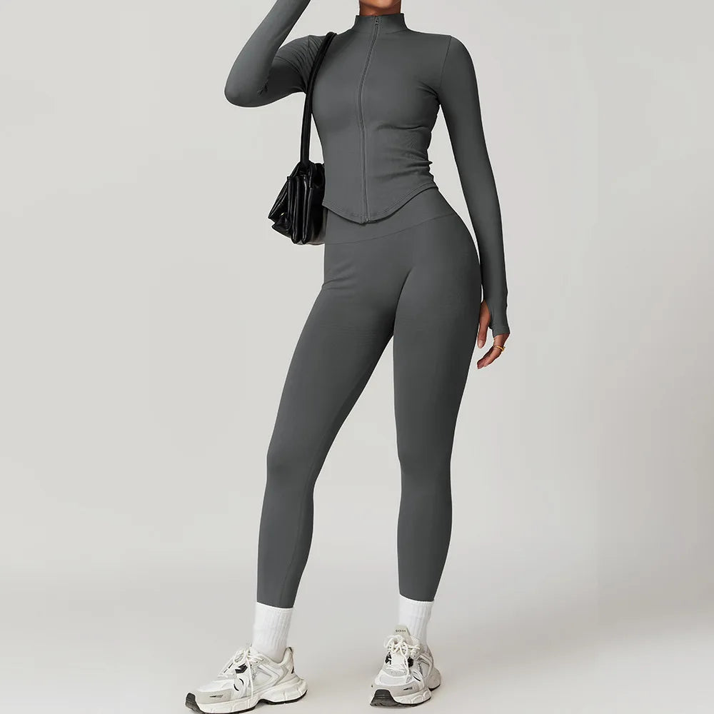 2PCS Seamless Women Tracksuit Yoga Set Workout Outfit Sportswear Gym Clothing Fitness Long Sleeve High Waist Legging Sports Suit
