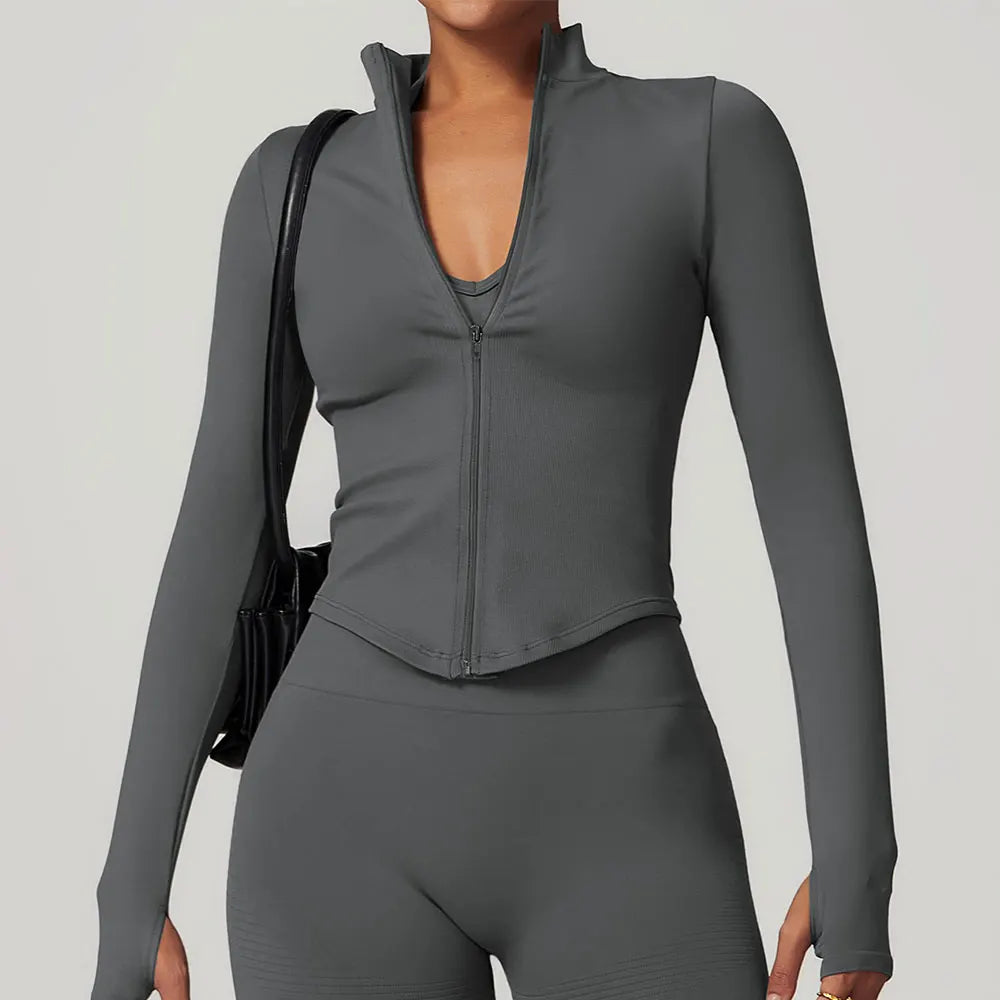 Ribbed Yoga Tops Women's Yoga Long Sleeved Standing Collar Sports Jacket Running Training Fitness Top Gym Workout Running Shirt