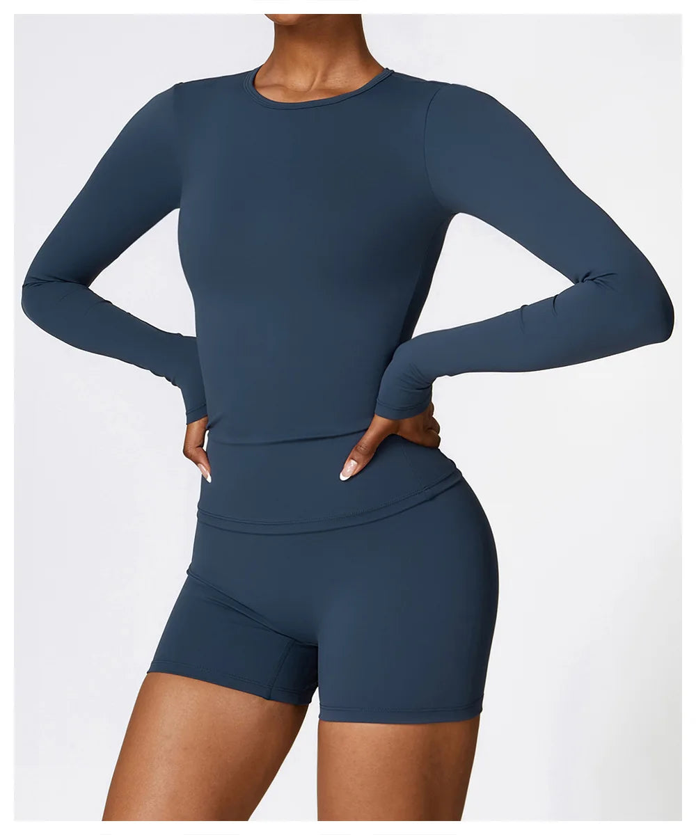 Yoga T-shirts Solid Sports Top Women Long Sleeve Gym Workout Running Shirts Sexy Exposed Navel Quick Dry Fitness Gym Sport Wear