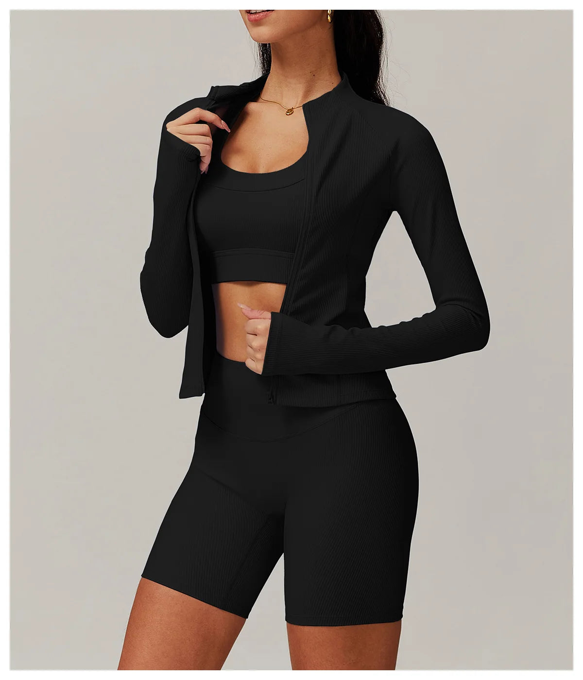 Ribbed Sports Long Sleeved Women Slim Yoga Clothes Quick Dry Zipper Cardigan Stand Up Collar Jacket Running Fitness Jacket Top