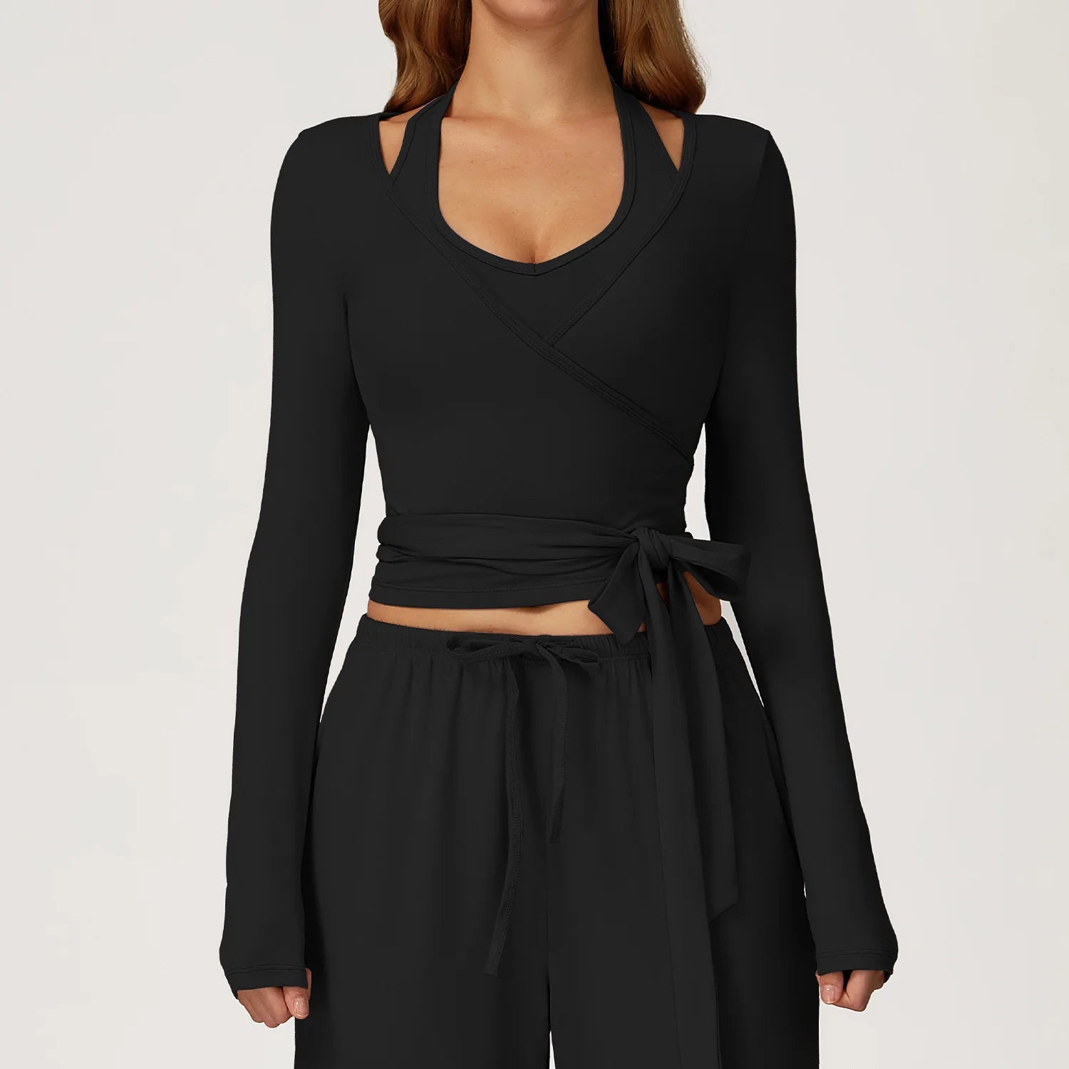 Women Yoga Crossover Strap Long Sleeve Cover-up T-shirts Pilates Running Outdoor Sports Loose Tops Breathable Soft Gym Fitness