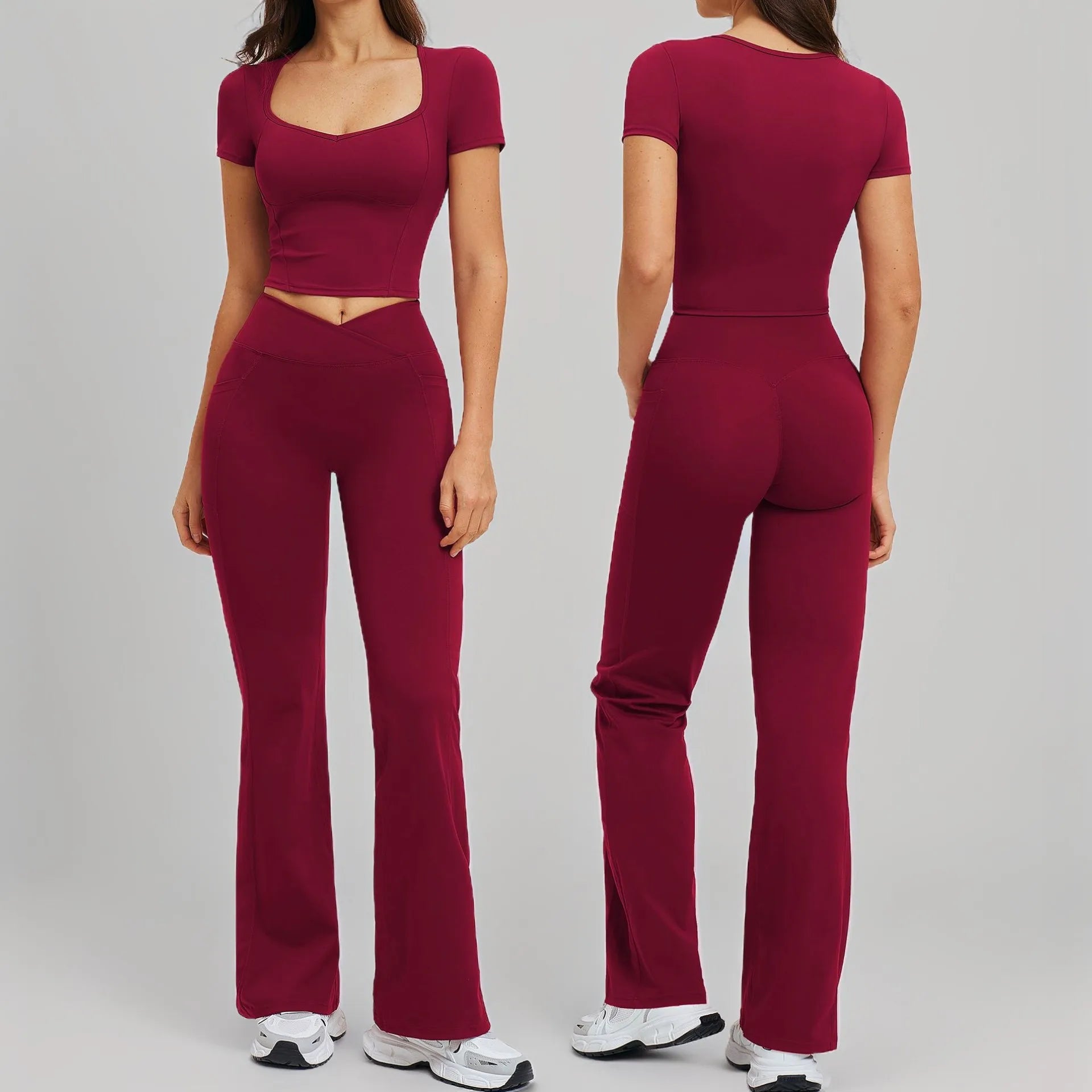 Yoga Set 2 Pieces Gym Clothes Sportswear Yoga Outfits For Women Fitness Short Sleeve Crop Top Tracksuits Sports Set Gym Leggings