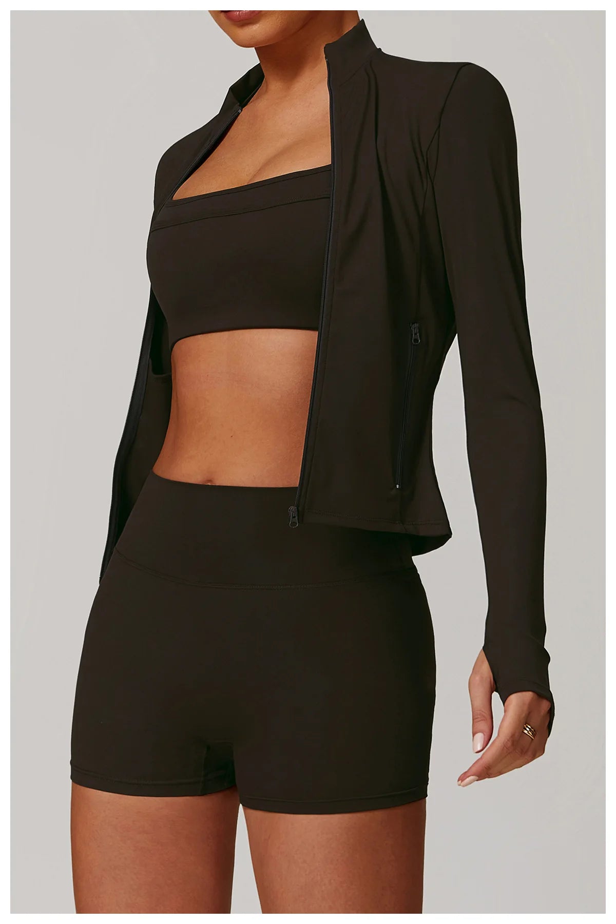 Women Outdoor Running Fitness Wear T-shirt Long Sleeved Thumb Holes Top Zipper Yoga Long Sleeved Yoga Shirt Gym Push Up Workout