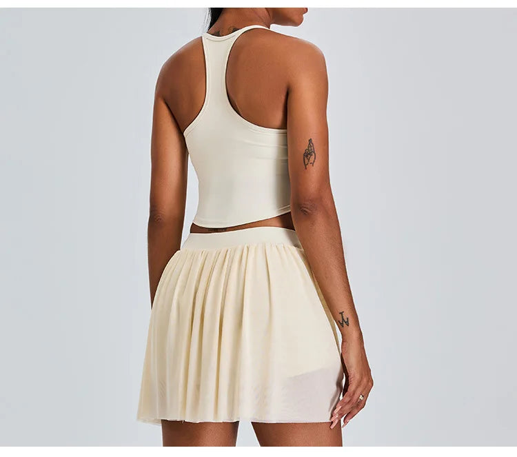 2 Piece Sportswear Leisure Sports Short Skirt Yoga Set Women's Belt Lined Mesh Pleated Tennis Skirt Running Push Up Fitness Suit