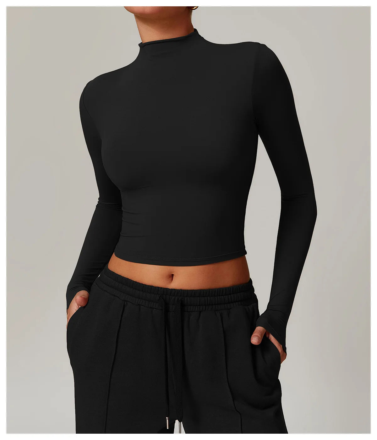 Women Crop Tops High Neck Yoga T-shirts Solid Sports Top Long Sleeve Running Shirts Exposed Navel Quick Dry Fitness Gym Sport