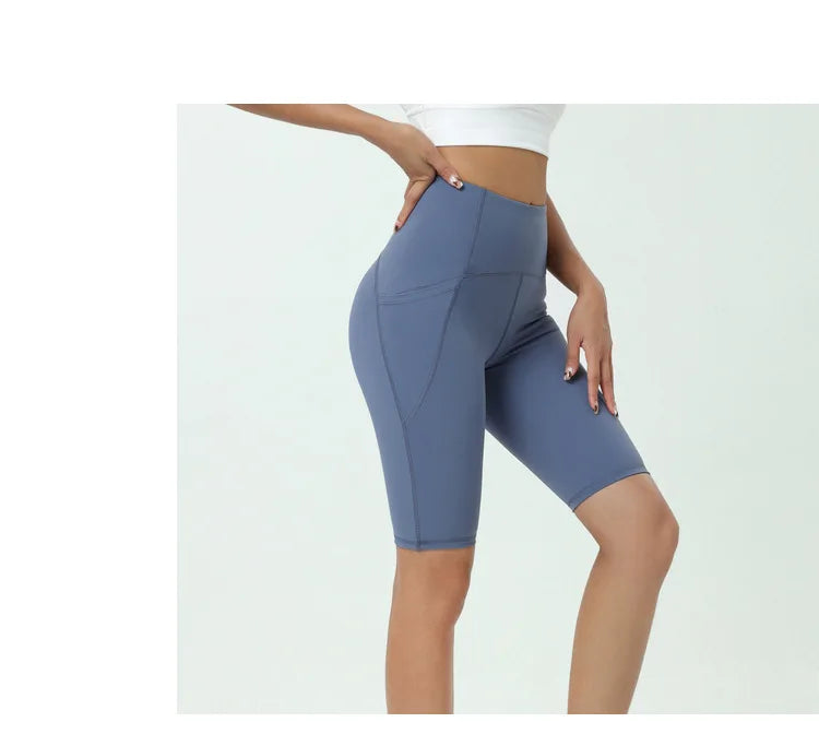 Comfortable Skin Friendly Summer High Waist Yoga Shorts Gym Hip Lift Pants Pocket Breathable Running Cycling Sports Shorts Women