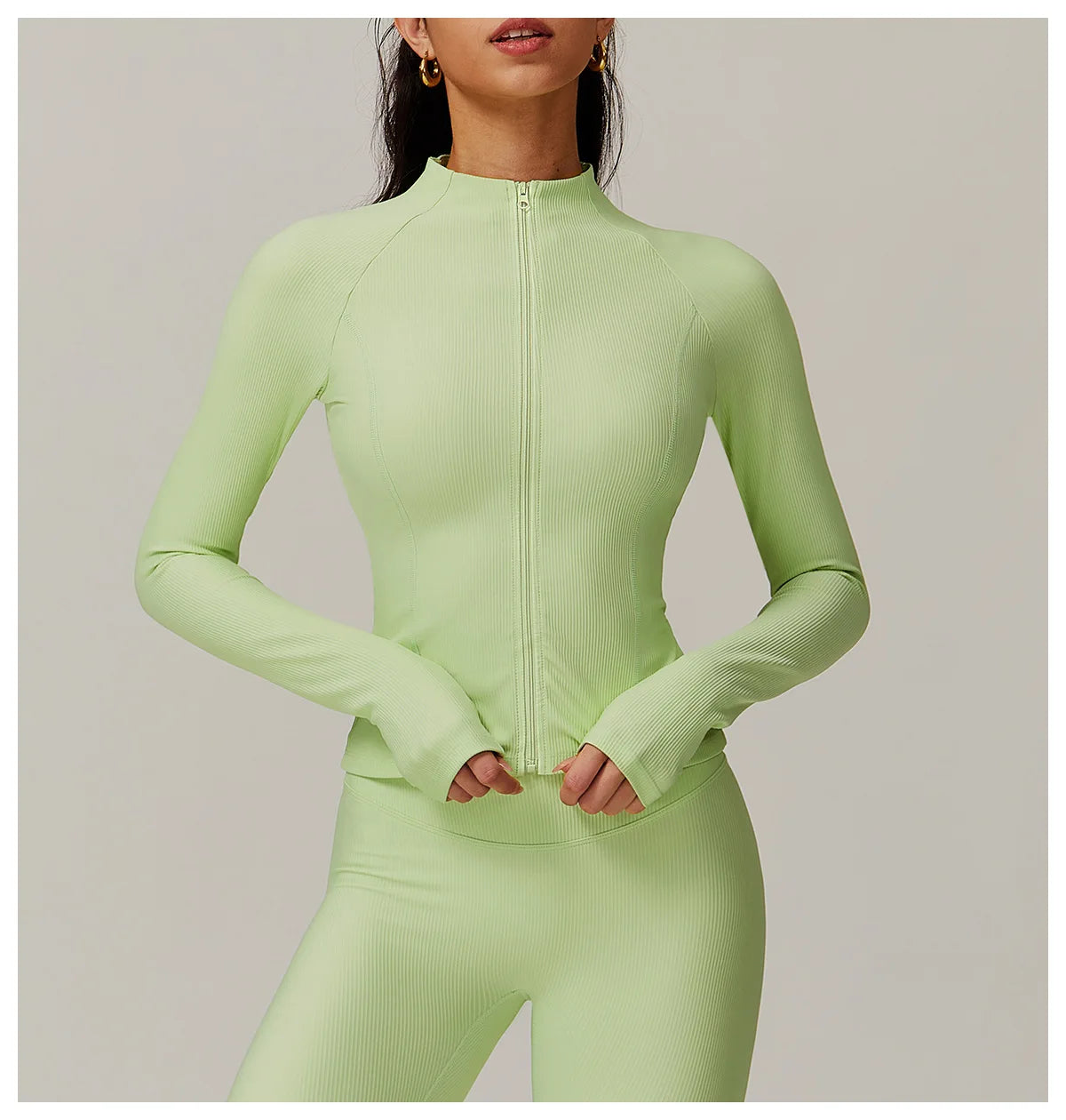 Ribbed Sports Long Sleeved Women Slim Yoga Clothes Quick Dry Zipper Cardigan Stand Up Collar Jacket Running Fitness Jacket Top