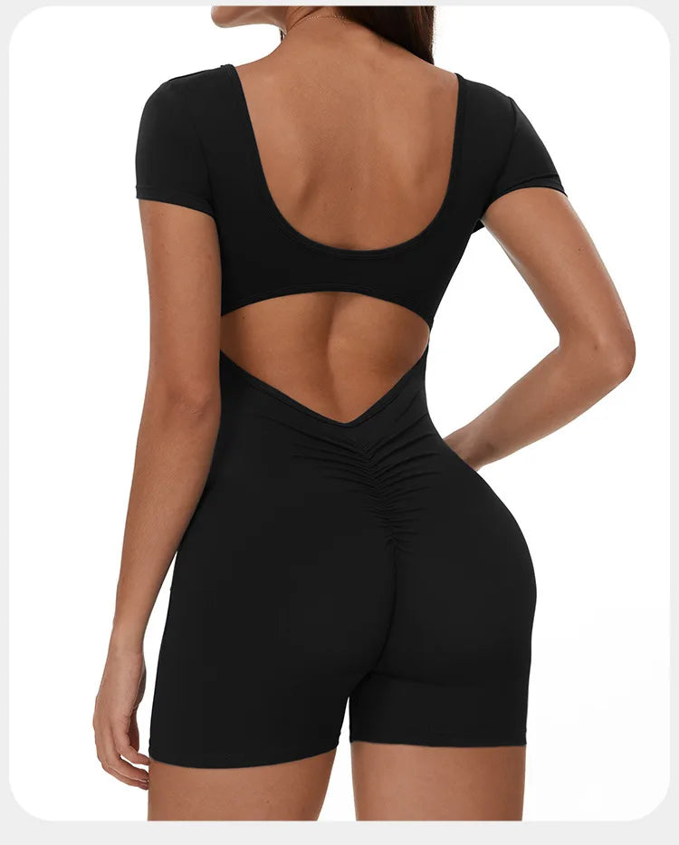 Fitness Jumpsuit Women Tracksuit Sports Short Sleeves Playsuit Running One Piece Yoga Suit Scrunch Shorts Backless Set Rompers