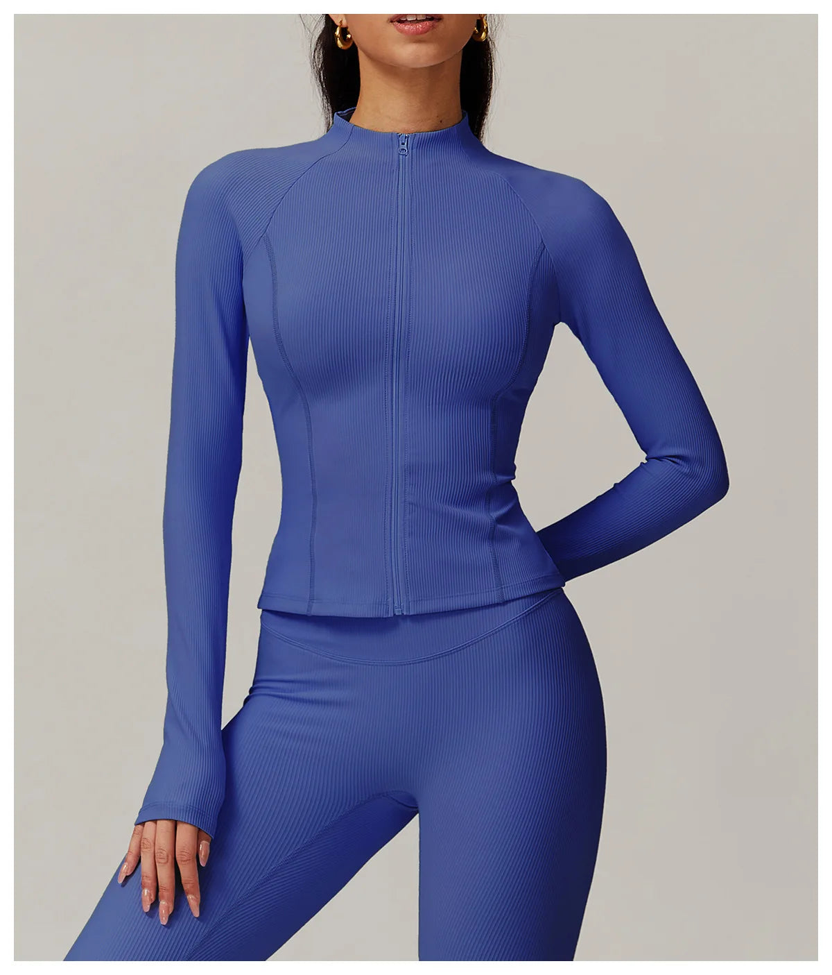 Ribbed Sports Long Sleeved Women Slim Yoga Clothes Quick Dry Zipper Cardigan Stand Up Collar Jacket Running Fitness Jacket Top