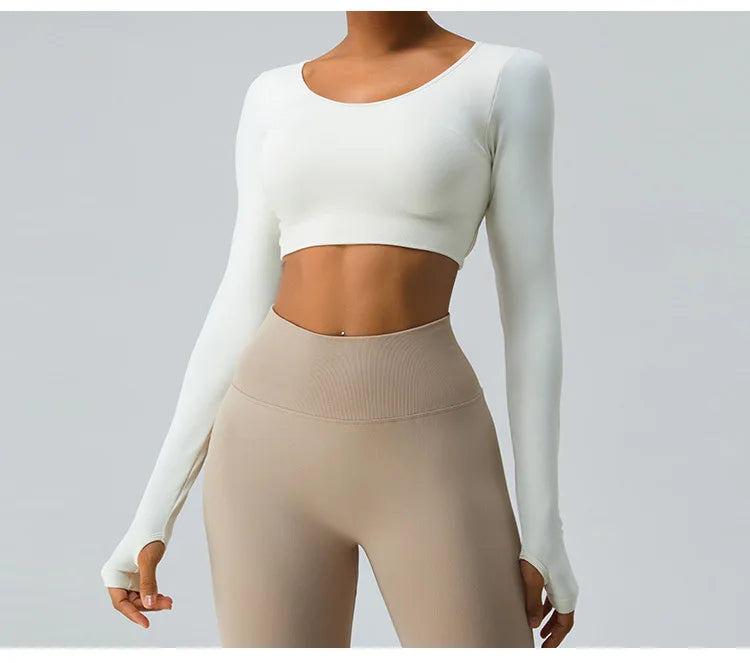 Sexy Women's Backless Shirt Seamless Crop Top Fitness Shirts Long Sleeve Gym Workout Sports Top Woman Front Yoga Tops Activewear