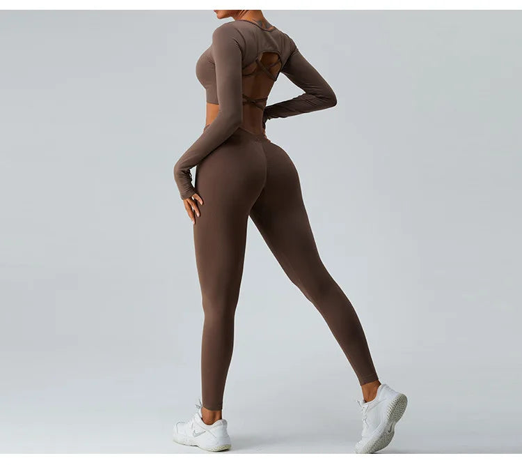 Sexy Women's Backless Shirt Seamless Crop Top Fitness Shirts Long Sleeve Gym Workout Sports Top Woman Front Yoga Tops Activewear