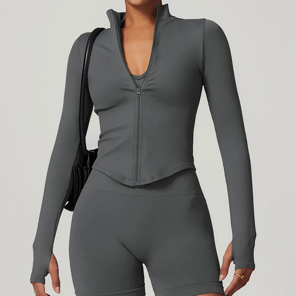 Ribbed Yoga Tops Women's Standing Collar Yoga Long Sleeved Sports Jacket Running Training Fitness Top Gym Workout Running Shirt