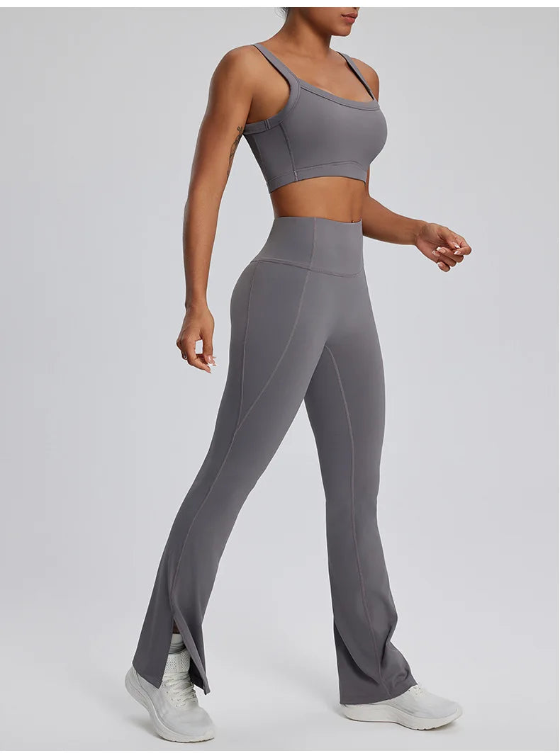 2PCS Yoga Suit Gym Set Women Clothes Running Tracksuit Workout Long Sleeve High Waist Bell-bottoms Sports Shirt Yoga Clothing