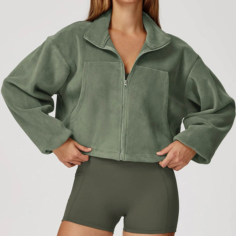 Winter Yoga Jacket Women Long Sleeved Stand Up Collar Windproof Warm Fleece Drawstring Jacket Running With Fleece Sports Jacket