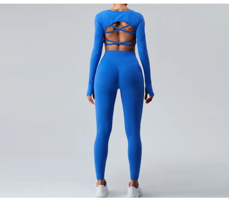 Sexy Women's Backless Shirt Seamless Crop Top Fitness Shirts Long Sleeve Gym Workout Sports Top Woman Front Yoga Tops Activewear