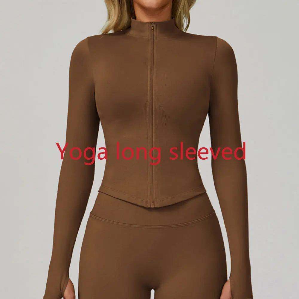 Ribbed Yoga Tops Women's Yoga Long Sleeved Standing Collar Sports Jacket Running Training Fitness Top Gym Workout Running Shirt
