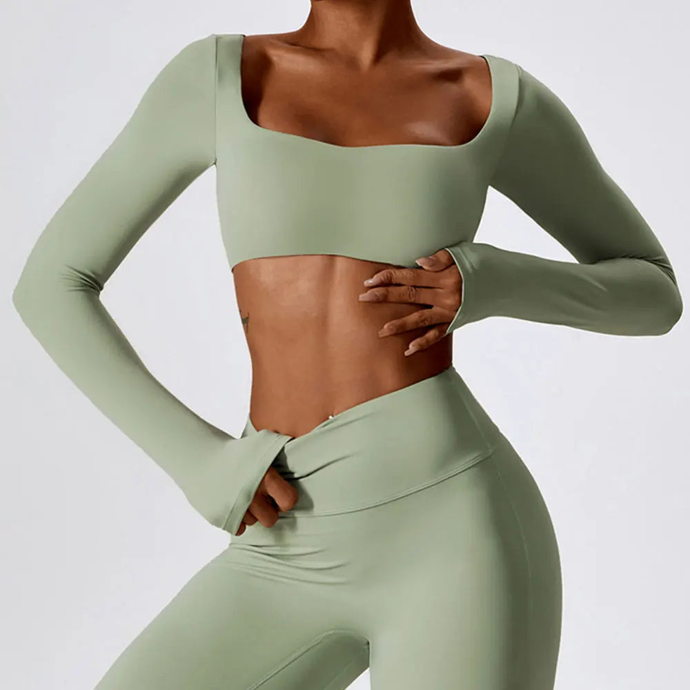 Women Yoga T-shirts Crop Tops Solid Sports Top Long Sleeve Running Shirts Sexy Exposed Navel Quick Dry Fitness Gym Sport Wear