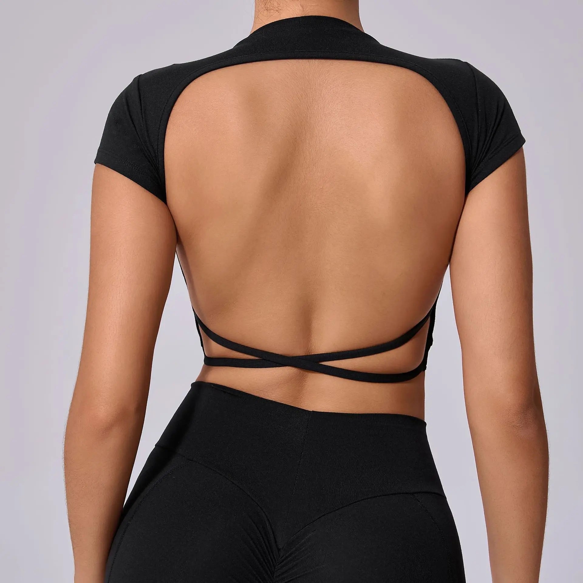 Hollow Beauty Back Crop Top Short Sleeve Workout Yoga Shirt Women Fitness Workout Tops Gym Clothes Sportswear Running T-shirts