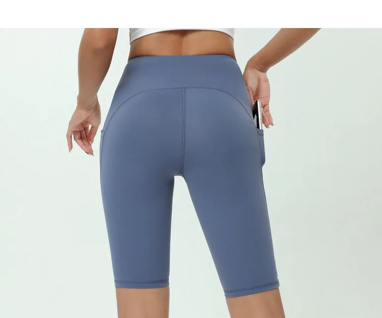 Comfortable Skin Friendly Summer High Waist Yoga Shorts Gym Hip Lift Pants Pocket Breathable Running Cycling Sports Shorts Women