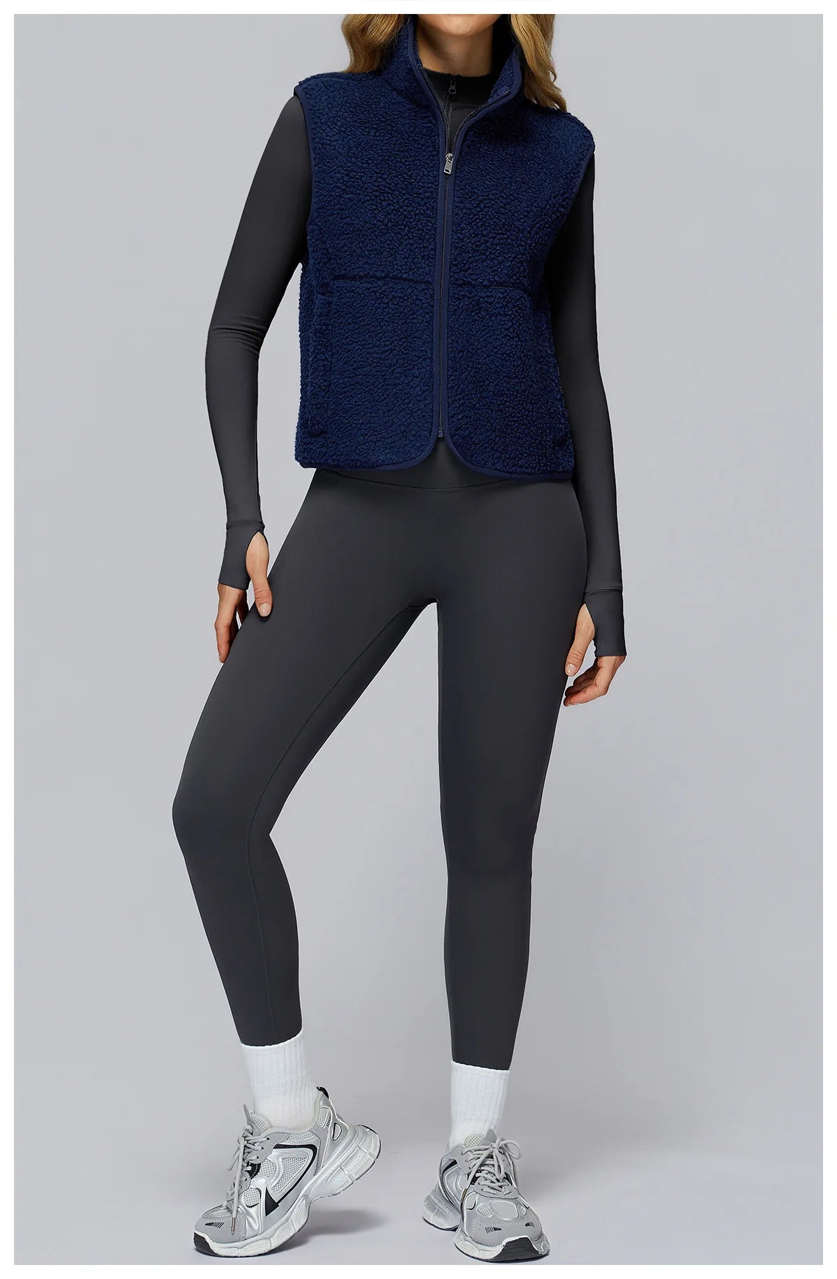 Winter Women's Standing Collar and Velvet Sports Vest Sleeveless Zipper Outerwear Vest Outdoor Running and Fitness Top