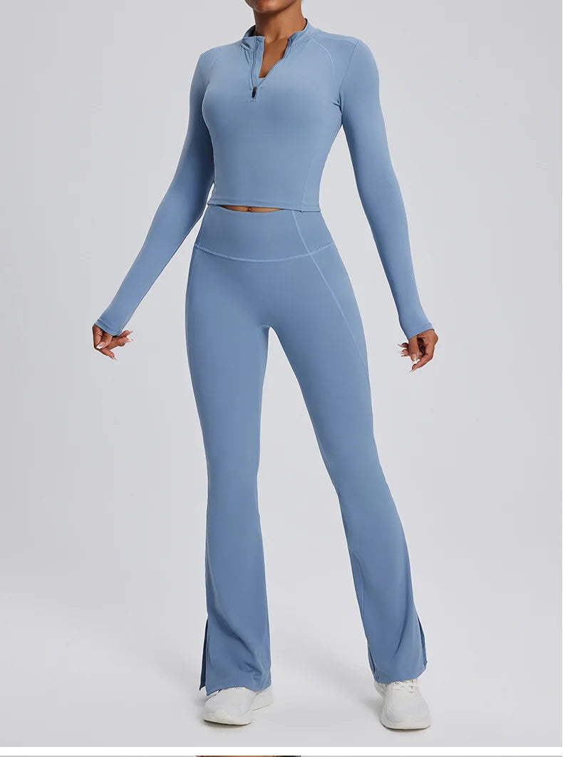 2PCS Yoga Suit Gym Set Women Clothes Running Tracksuit Workout Long Sleeve High Waist Bell-bottoms Sports Shirt Yoga Clothing