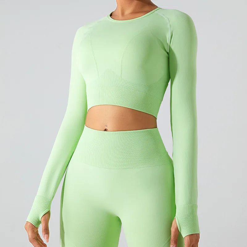 Women's Seamless Long Sleeve Top Yoga Shirts Running T-Shirt Workout Running Fitness Gym Sports Top Training Crop Top Solidcolor