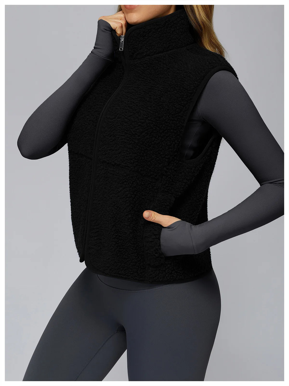 Winter Women's Standing Collar and Velvet Sports Vest Sleeveless Zipper Outerwear Vest Outdoor Running and Fitness Top