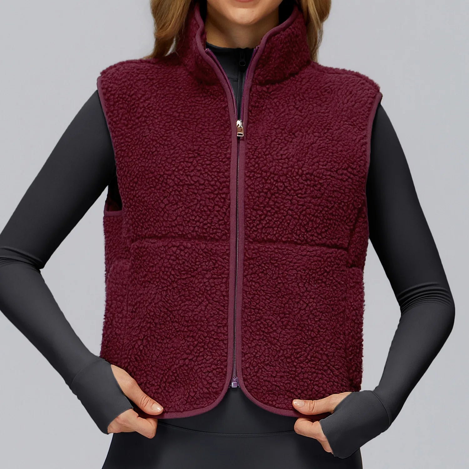 Winter Women's Standing Collar and Velvet Sports Vest Sleeveless Zipper Outerwear Vest Outdoor Running and Fitness Top
