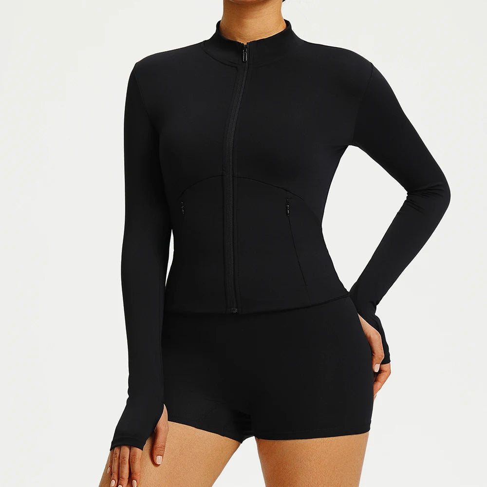 Women Outdoor Sports Long Sleeved Slim Yoga Clothes Quick Dry Zipper Cardigan Stand Up Collar Jacket Running Fitness Jacket Top