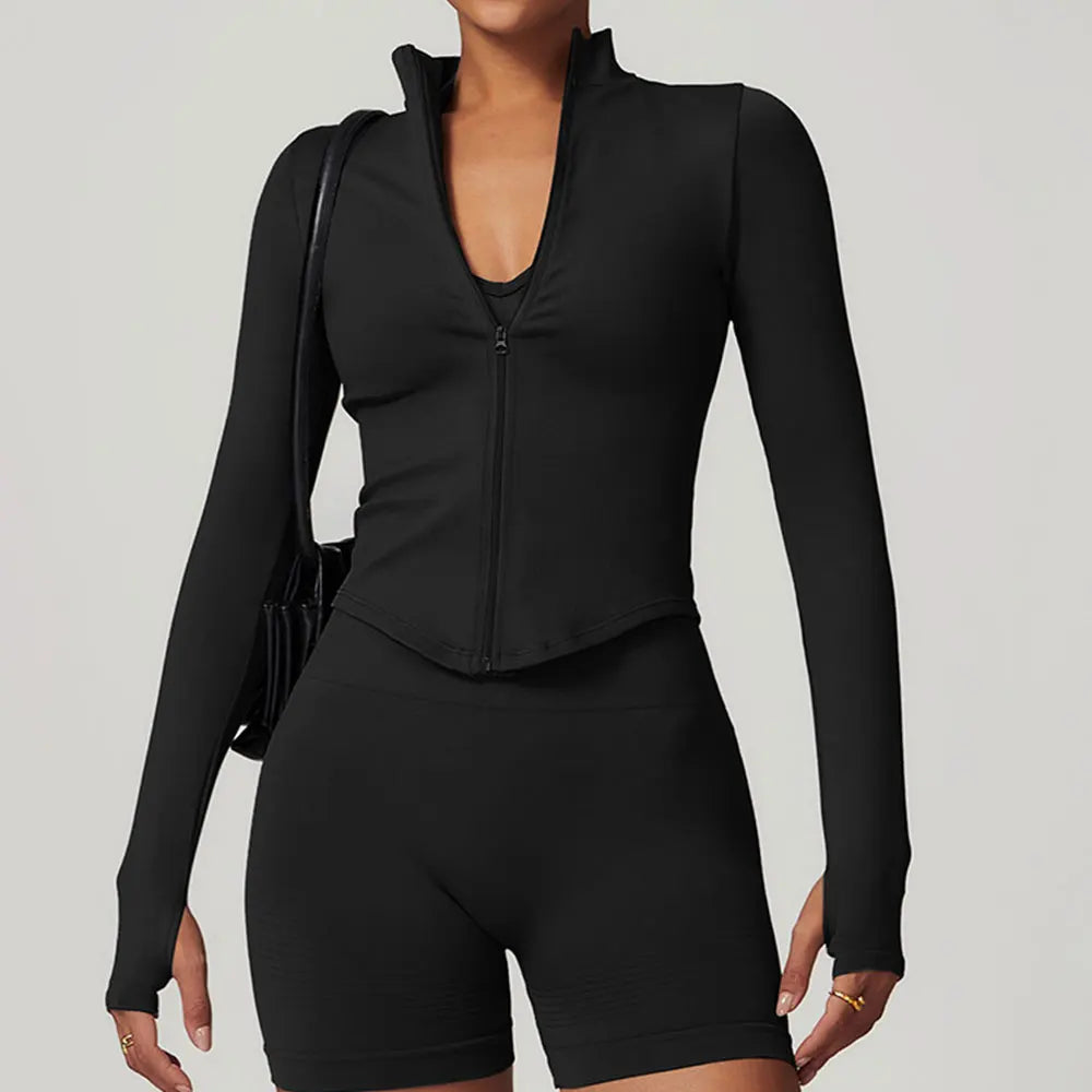 Ribbed Yoga Tops Women's Standing Collar Yoga Long Sleeved Sports Jacket Running Training Fitness Top Gym Workout Running Shirt