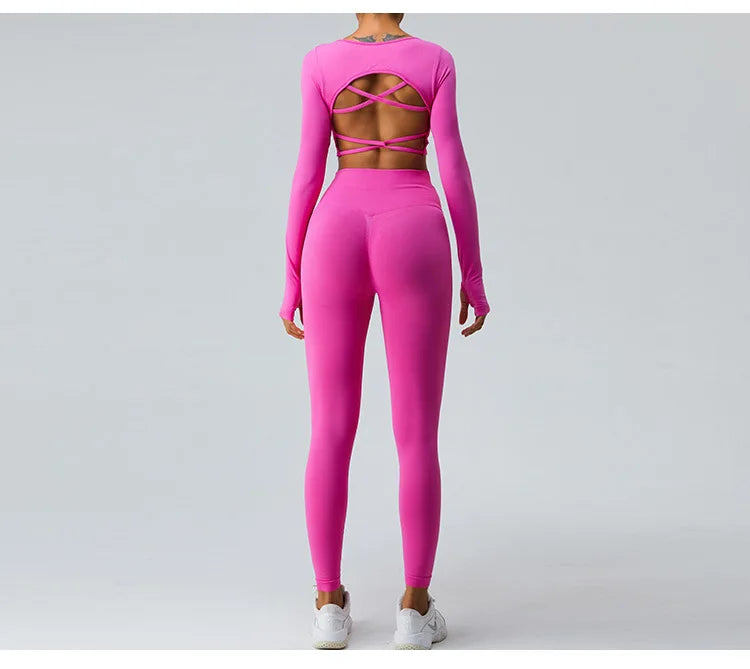 Sexy Women's Backless Shirt Seamless Crop Top Fitness Shirts Long Sleeve Gym Workout Sports Top Woman Front Yoga Tops Activewear