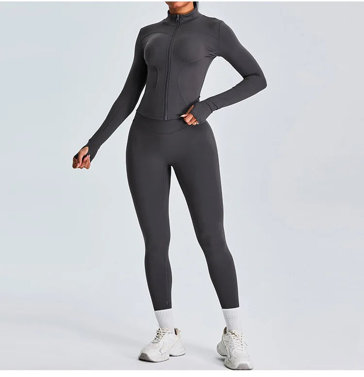 Women 2PCS Yoga Set Workout Clothes Long Sleeve Jacket Gym Crop Top High Waist Leggings Fitness Sports Wear Sport Suit Gymwear