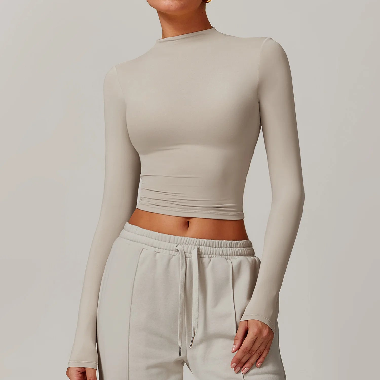 Women Crop Tops High Neck Yoga T-shirts Solid Sports Top Long Sleeve Running Shirts Exposed Navel Quick Dry Fitness Gym Sport
