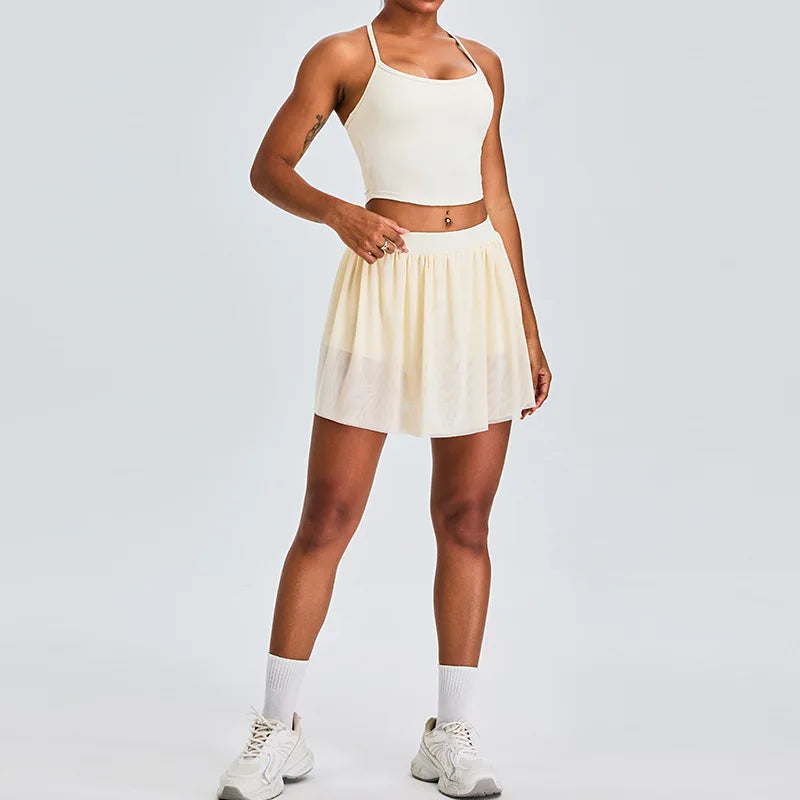 2 Piece Sportswear Leisure Sports Short Skirt Yoga Set Women's Belt Lined Mesh Pleated Tennis Skirt Running Push Up Fitness Suit