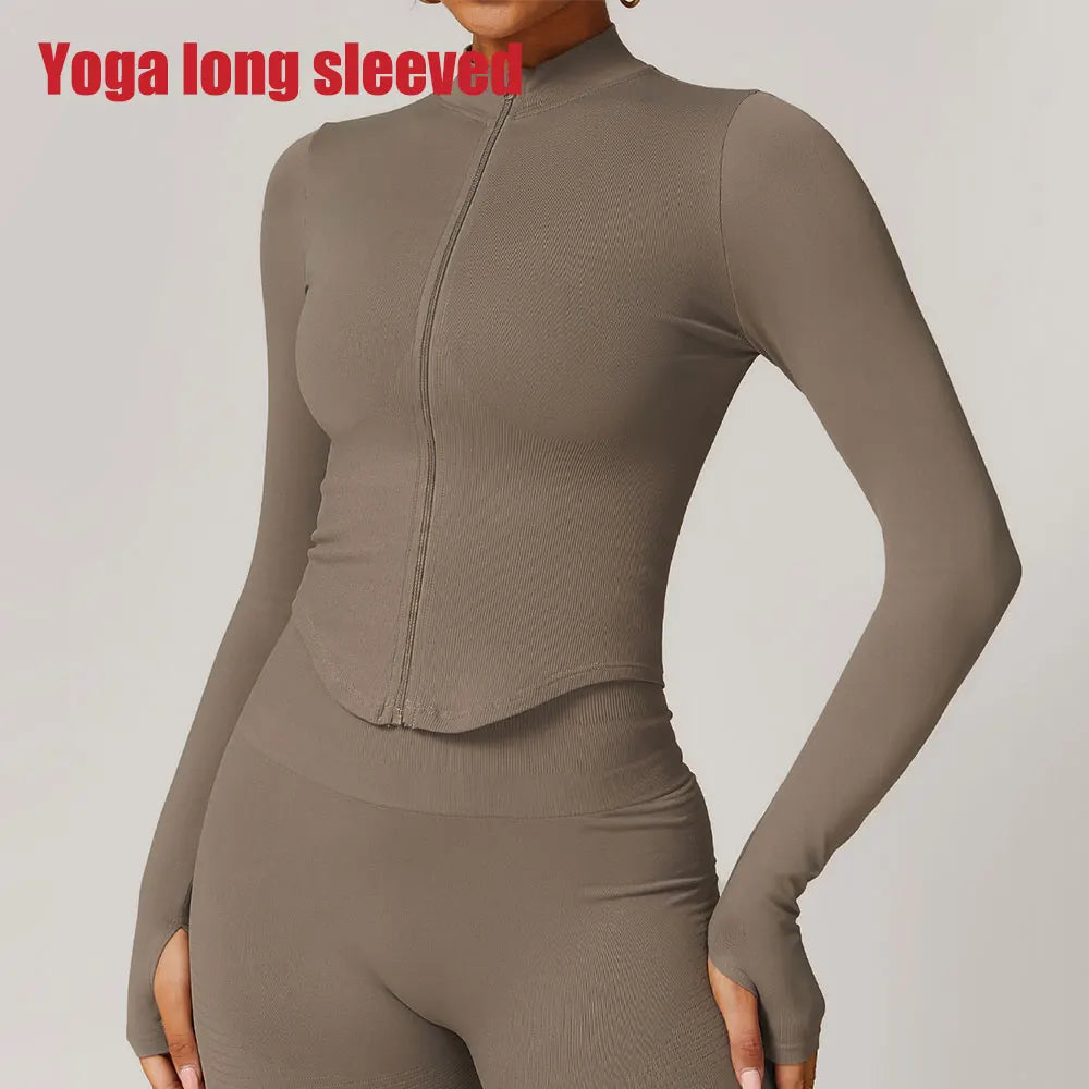 Ribbed Yoga Tops Women's Standing Collar Yoga Long Sleeved Sports Jacket Running Training Fitness Top Gym Workout Running Shirt