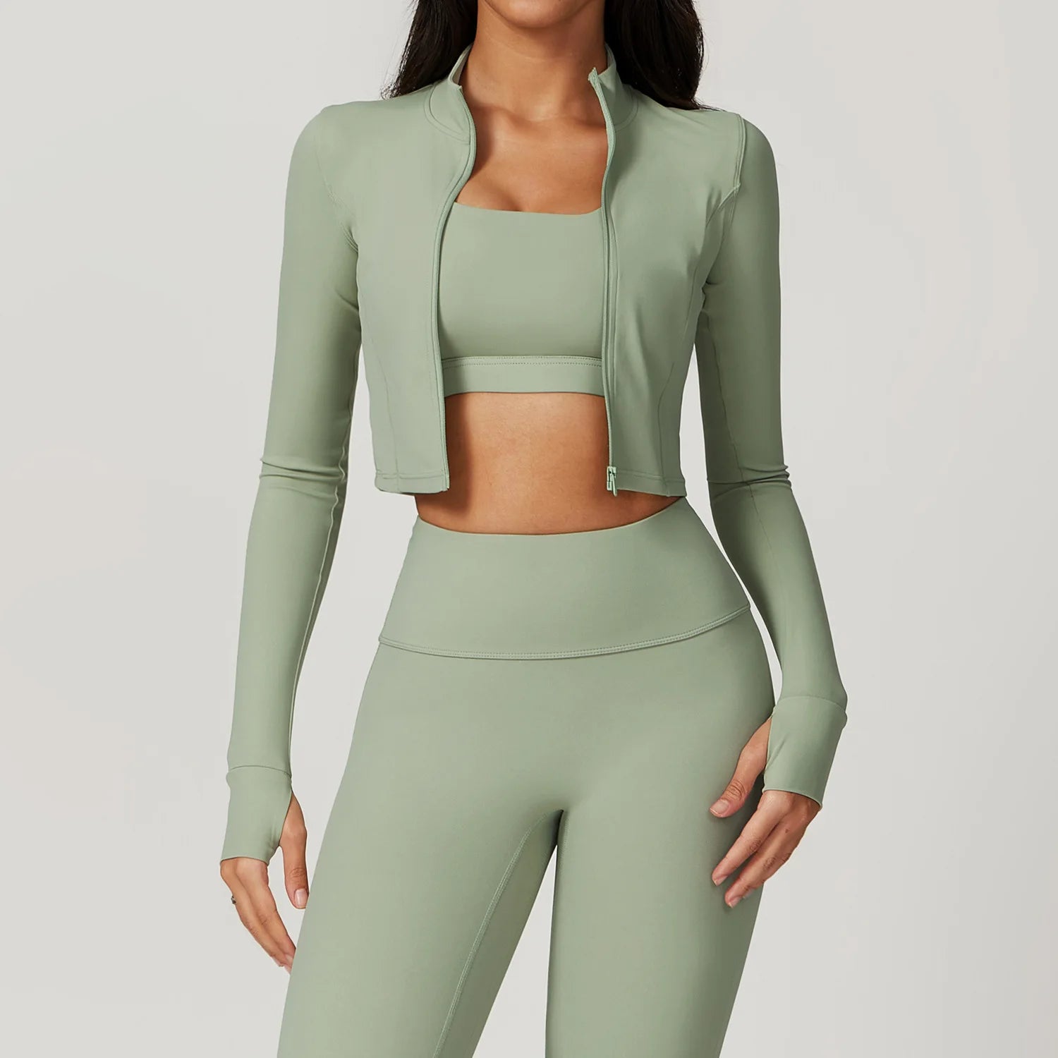 Women Outdoor Sports Long Sleeved Slim Yoga Clothes Quick Dry Zipper Cardigan Stand Up Collar Jacket Running Fitness Jacket Top