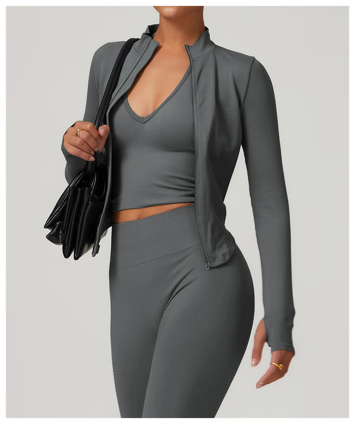 Ribbed Yoga Tops Women's Standing Collar Yoga Long Sleeved Sports Jacket Running Training Fitness Top Gym Workout Running Shirt