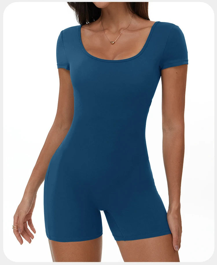 Fitness Jumpsuit Women Tracksuit Sports Short Sleeves Playsuit Running One Piece Yoga Suit Scrunch Shorts Backless Set Rompers