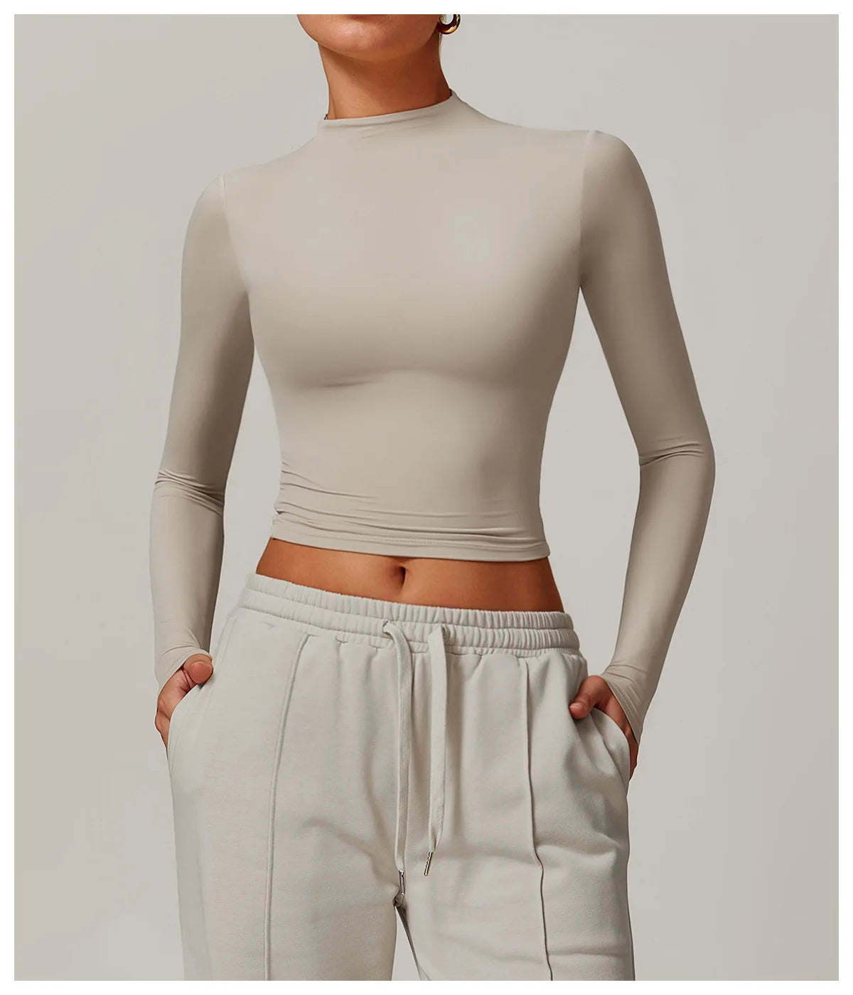 Women Crop Tops High Neck Yoga T-shirts Solid Sports Top Long Sleeve Running Shirts Exposed Navel Quick Dry Fitness Gym Sport