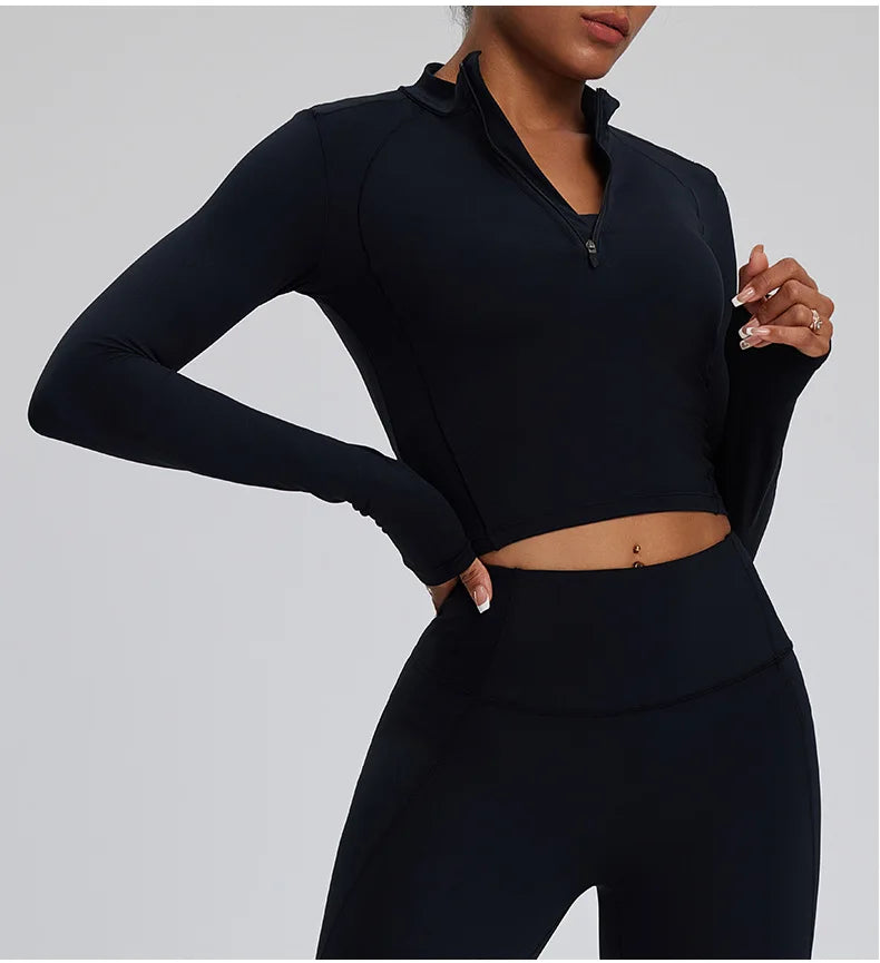 Half Zipper Long Sleeve Yoga Shirts Sport Top Fitness Yoga Top Gym Top Sports Wear For Women Push Up Running Full Sleeve Jacket