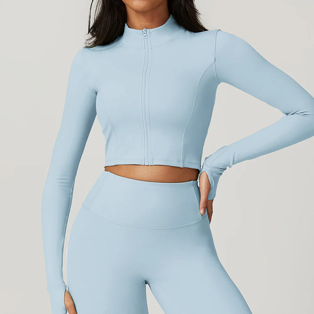 Women Outdoor Sports Long Sleeved Slim Yoga Clothes Quick Dry Zipper Cardigan Stand Up Collar Jacket Running Fitness Jacket Top