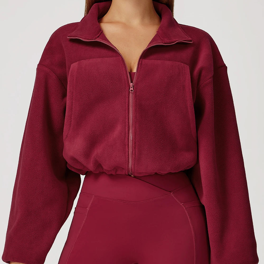 Winter Yoga Jacket Women Long Sleeved Stand Up Collar Windproof Warm Fleece Drawstring Jacket Running With Fleece Sports Jacket