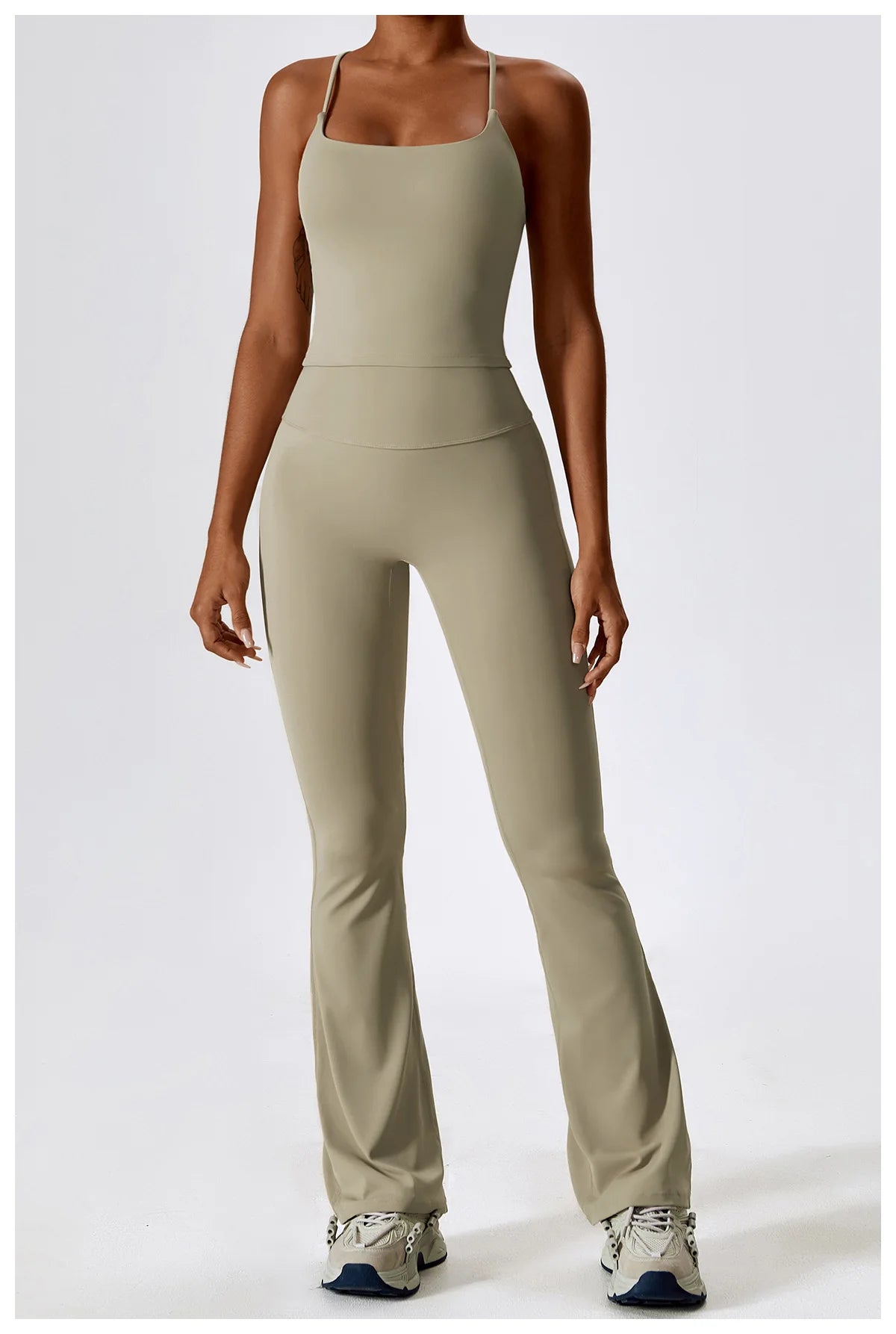 Women Tracksuit Gym Yoga Suit 2PCS Tight Fitting Sports Set Workout Breathable T Shirts Bra Tank Top Loose Bell-bottoms Leggings