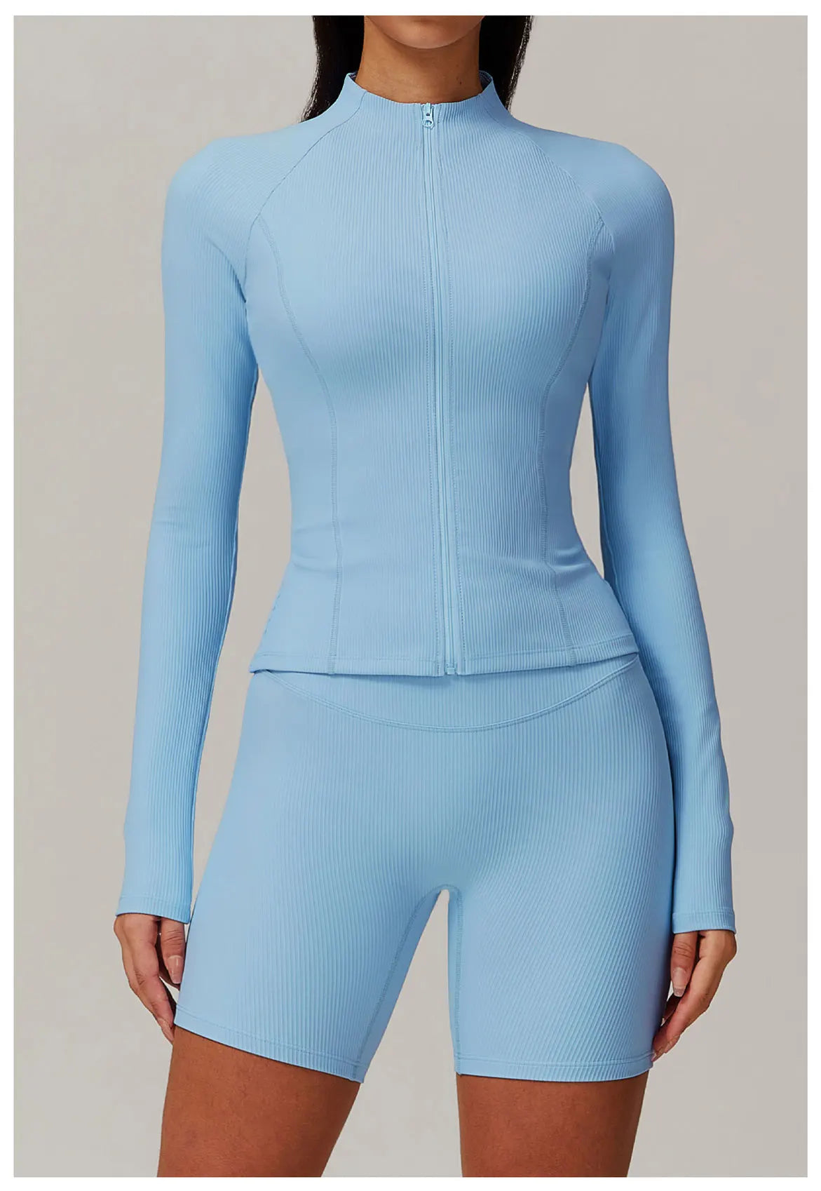 Ribbed Sports Long Sleeved Women Slim Yoga Clothes Quick Dry Zipper Cardigan Stand Up Collar Jacket Running Fitness Jacket Top