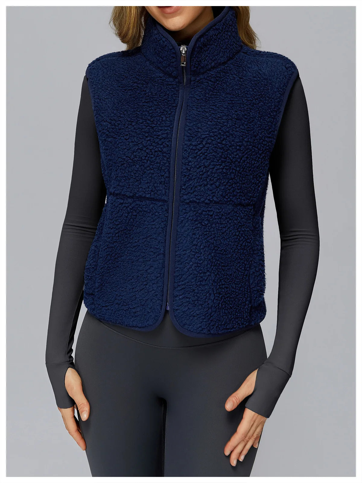 Winter Women's Standing Collar and Velvet Sports Vest Sleeveless Zipper Outerwear Vest Outdoor Running and Fitness Top