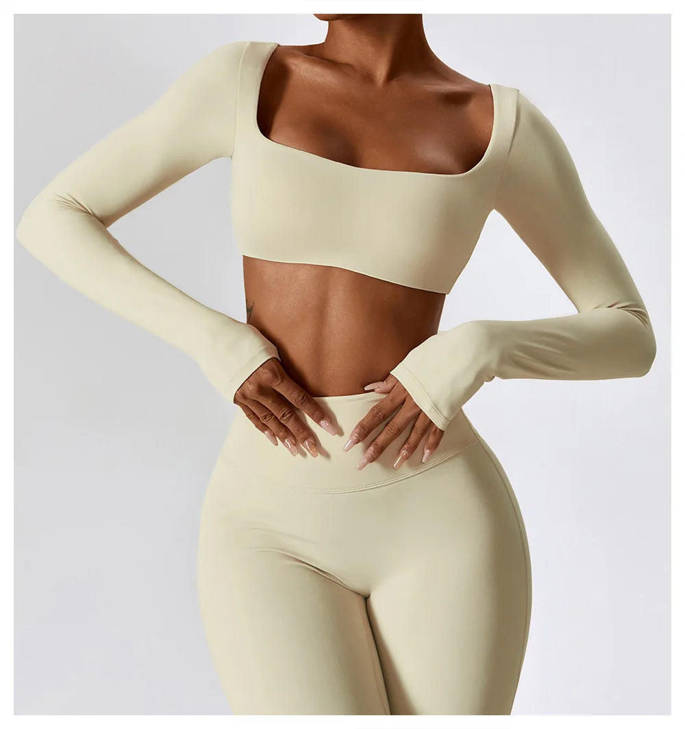 Women Yoga T-shirts Crop Tops Solid Sports Top Long Sleeve Running Shirts Sexy Exposed Navel Quick Dry Fitness Gym Sport Wear