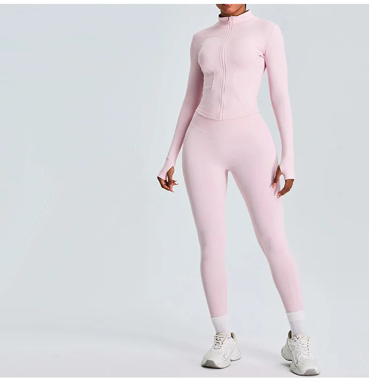 Women 2PCS Yoga Set Workout Clothes Long Sleeve Jacket Gym Crop Top High Waist Leggings Fitness Sports Wear Sport Suit Gymwear