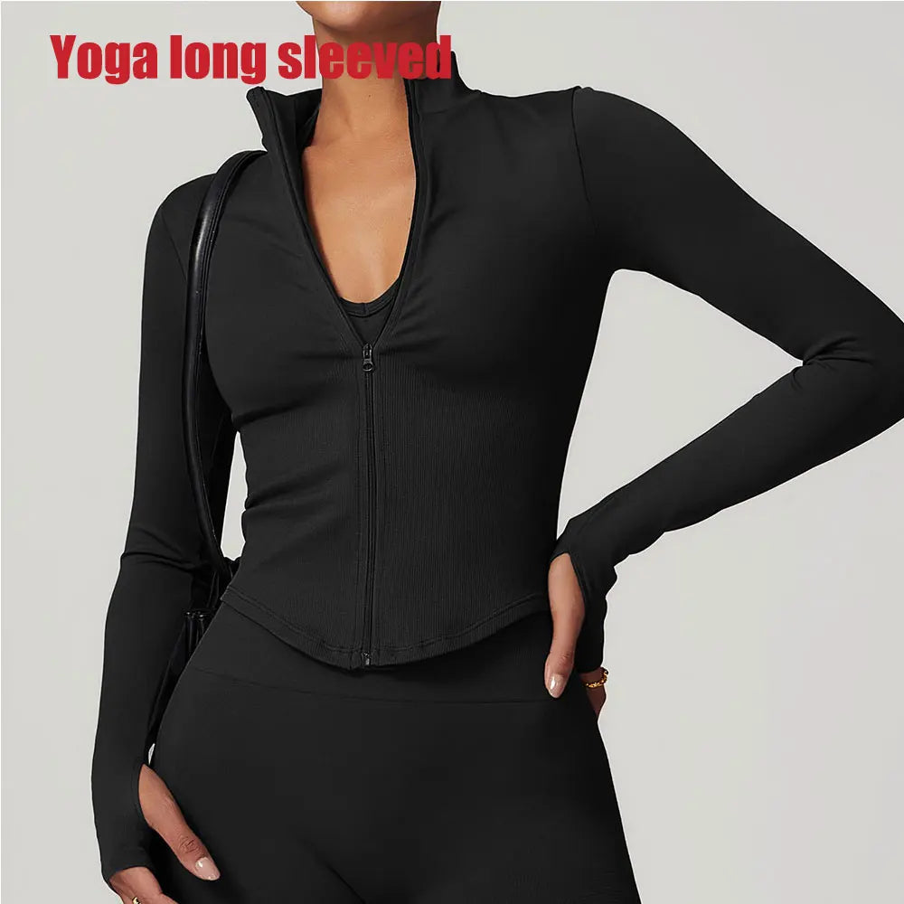 Ribbed Yoga Tops Women's Standing Collar Yoga Long Sleeved Sports Jacket Running Training Fitness Top Gym Workout Running Shirt